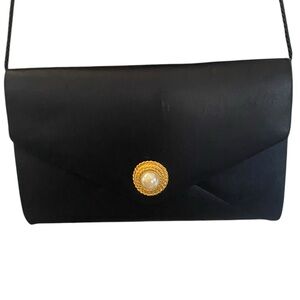 Vintage 90s Mervyns Formal Black Clutch Gold Pearl  Crossbody Clutch Evening bag